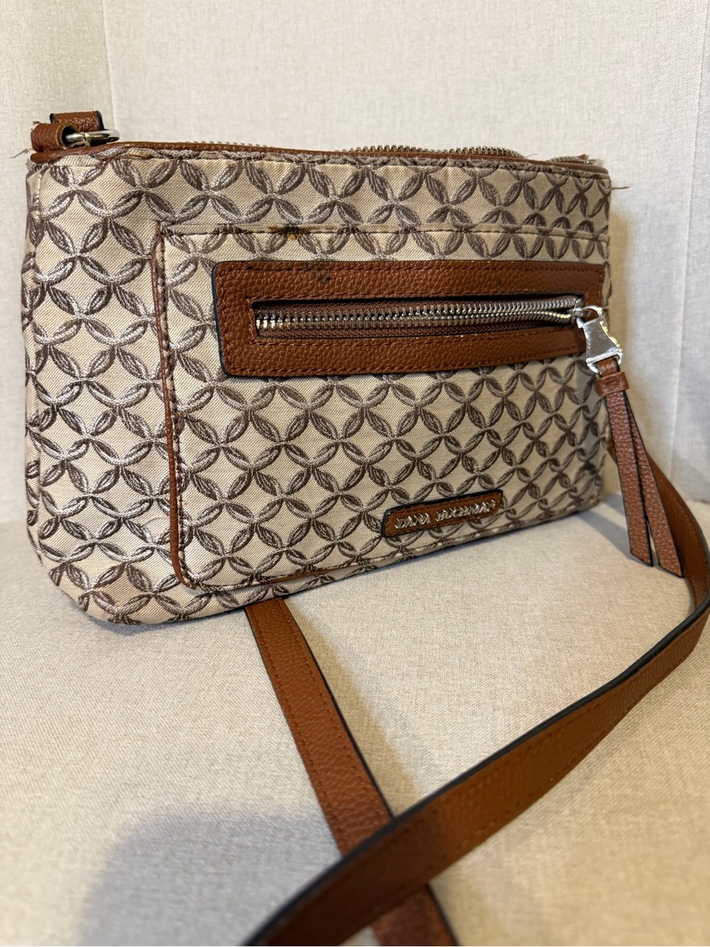 Dana Buchman Cream and Brown Patterned Crossbody Shoulder Bag